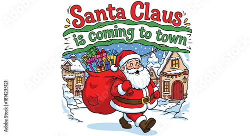 Cheerful santa claus arrives in town bringing christmas cheer and gifts for all