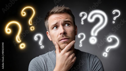 A thoughtful man contemplates life decisions, surrounded by glowing question marks. This image captures introspection and curiosity, reflecting the complexities of human thought.