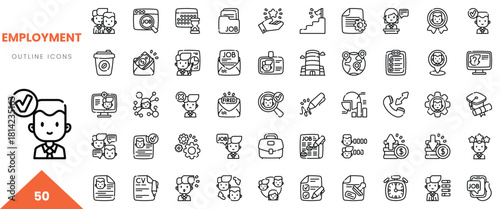 Diverse outline icons representing employment-related themes, showcasing career development and job search.