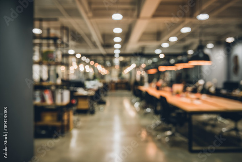 Wallpaper Mural Dreamy defocused open plan office with warm soft lighting, modern workspace, wooden desk, industrial style, creative atmosphere, blurred background, inviting mood Torontodigital.ca