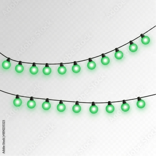 Two strings of vibrant green fairy lights elegantly suspended against a transparent backdrop, casting a soft. vector illustration