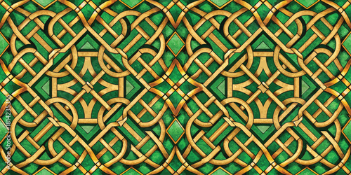 Intricate green and gold Celtic knot pattern showcasing elegance and craftsmanship.