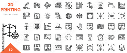 A diverse collection of 3D printing outline icons showcasing various aspects of the technology.