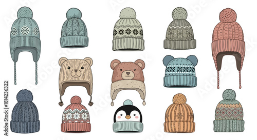 Collection of various knitted winter hats, featuring different designs and styles for cold weather.