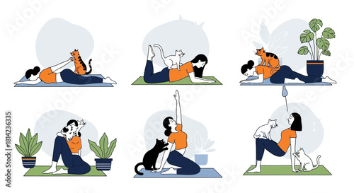 Illustration of a woman doing yoga with her cats in various poses on a mat.