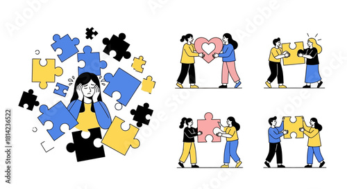 Illustrations of people connecting puzzle pieces, symbolizing teamwork and problem-solving.