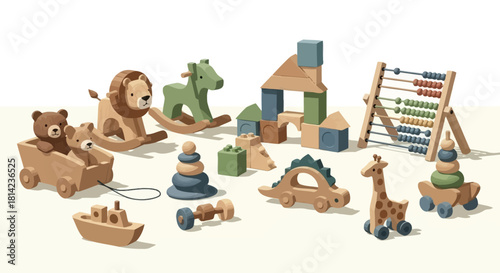 A charming collection of classic wooden toys for children, including animals, blocks, and an abacus on a light background.