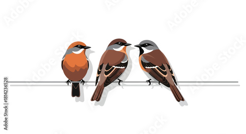 Three small brown birds with grey heads perched on a thin wire against a white background.