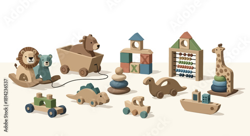 A collection of various wooden toys for children, including animals, vehicles, blocks, and an abacus, on a light background.