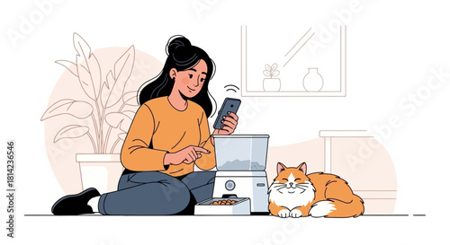 Woman using a smartphone to control a smart pet feeder while a cat is nearby.
