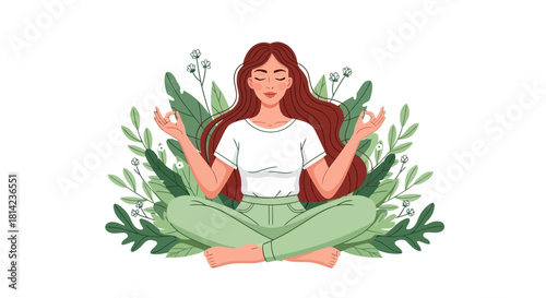 Woman meditating in lotus position surrounded by green plants.
