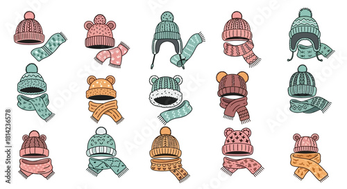 A collection of colorful illustrated winter hats and matching scarves sets isolated on a white background.