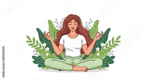A woman meditating peacefully surrounded by lush green leaves and plants, embodying tranquility and mindfulness.