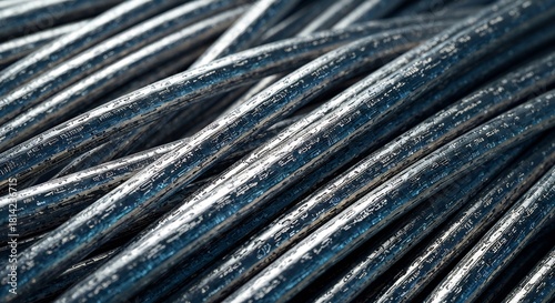 Closeup of textured metallic cables with etched patterns and reflections