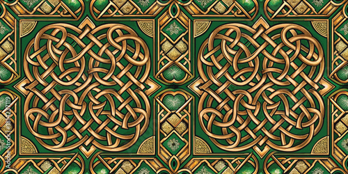Intricate golden Celtic knotwork pattern on a rich green background, exuding elegance and tradition.