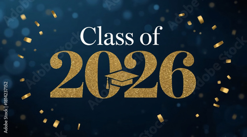 Sparkling gold class of 2026 graduation announcement with falling confetti and bokeh lights