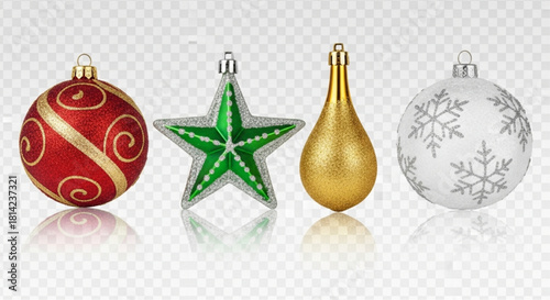 A collection of exquisite Christmas ornaments, in red, green, gold, and white, showcasing the joyous spirit of the holiday season, with a reflective surface adding depth and elegance.