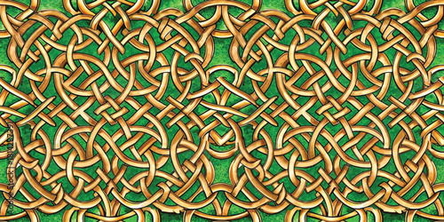 Intricate golden Celtic knot pattern over a vibrant green background, showcasing traditional artistry.