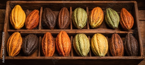 The Cacao Pods Lined in a Rustic Wooden Crate Showcasing Tropical Chocolate Harvest