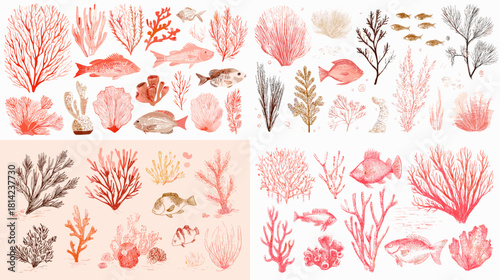 Delicate watercolor coral and fish illustration set featuring soft pink and earthy tones. Includes various marine plants and sea life elements perfect for ocean themed designs and creative projects.