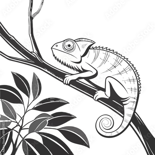A detailed black and white illustration of a chameleon resting on a branch. The chameleon is positioned on the right side of the frame, facing slightly to the left, with its head turned to look at the