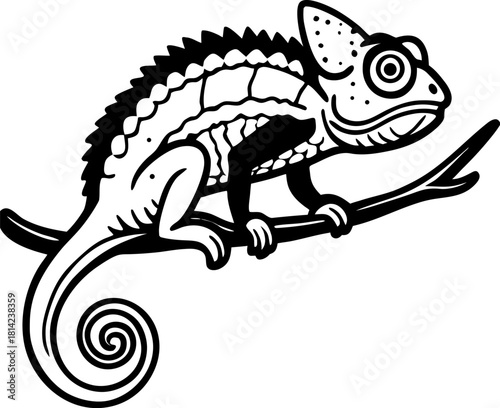 A detailed black and white illustration of a chameleon resting on a branch. The chameleon is positioned on the right side of the frame, facing slightly to the left, with its head turned to look at the
