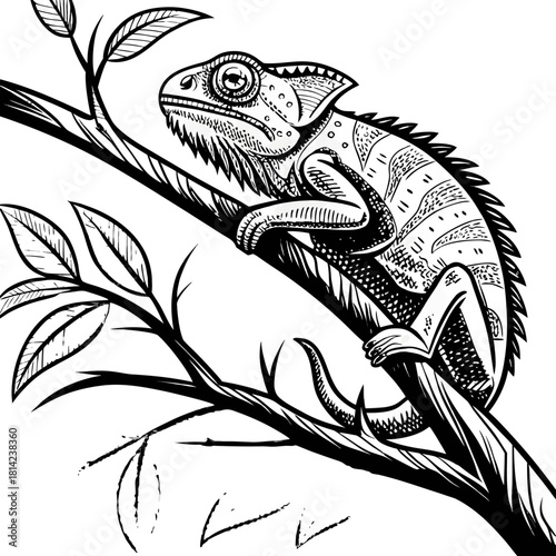 A detailed black and white illustration of a chameleon resting on a branch. The chameleon is positioned on the right side of the frame, facing slightly to the left, with its head turned to look at the