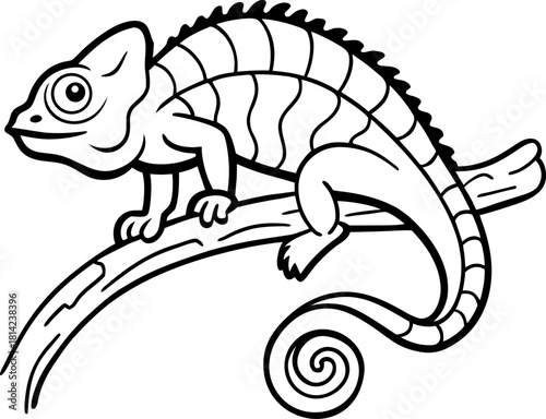 A detailed black and white illustration of a chameleon resting on a branch. The chameleon is positioned on the right side of the frame, facing slightly to the left, with its head turned to look at the