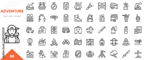 Male adventurer with backpack, surrounded by adventure-themed outline icons.