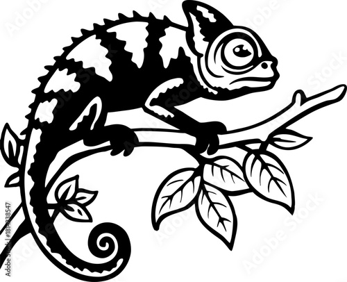 A detailed black and white illustration of a chameleon resting on a branch. The chameleon is positioned on the right side of the frame, facing slightly to the left, with its head turned to look at the