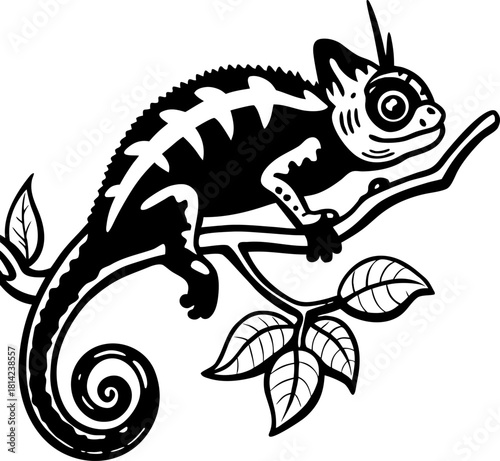A detailed black and white illustration of a chameleon resting on a branch. The chameleon is positioned on the right side of the frame, facing slightly to the left, with its head turned to look at the