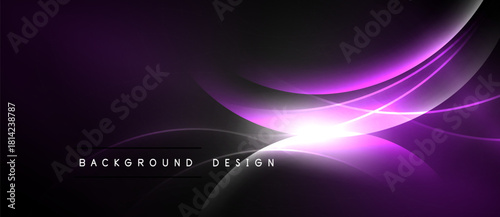 Dark purple abstract background. Smooth curves radiate from bright central light source. Modern design element for digital projects.