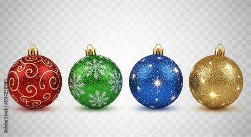 An array of festive ornaments for Christmas decoration, shimmering with colorful elegance, perfect for festive cheer and holiday spirit. vector illustration