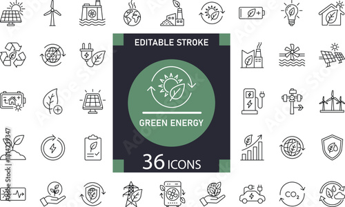 Minimal Green Energy line icon set for solar, wind, eco power, recycling, sustainability, and renewable resources