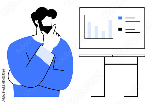 Man contemplating beside a presentation screen with bar graphs and bullet points. Ideal for analytics, strategy, decision-making, business planning, research, presentations, and statistics. Simple