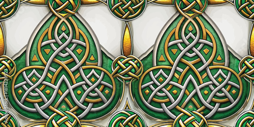 Intricate Celtic knot design with green and gold accents, showcasing timeless artistry and craftsmanship.