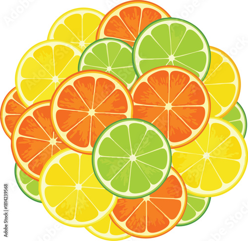 A vibrant flat lay of assorted citrus slices, including oranges, lemons, and limes, arranged in a colorful pattern against a clean white background with a bright and refreshing mood.