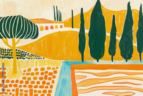 Ilustración colorida de paisaje mediterráneo con cipreses y casa blanca, Cartel de viaje con diseño moderno de paisaje soleado, vacaciones en la toscana