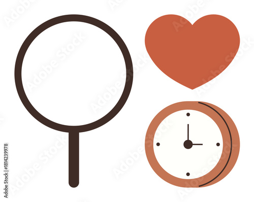 Magnifying glass, heart, and wall clock symbolize love, time, exploration, focus, commitment, and relationships. Ideal for time management romance discovery analysis goal setting lifestyle