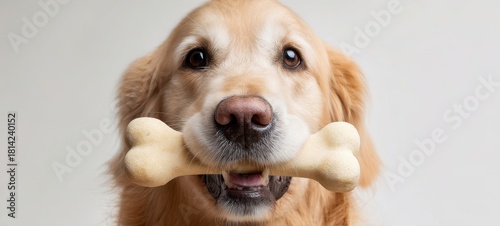 The Golden Retriever Holding a Large Rawhide Bone in Playful Closeup Portrait