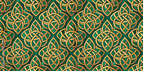 Intricate golden and green Celtic knot pattern, symbolizing unity and eternity.