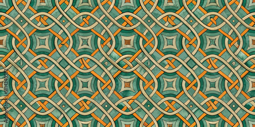 Colorful woven pattern featuring intricate designs in teal, orange, and natural wood tones.