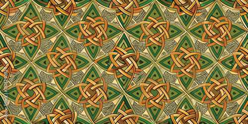 Intricate Celtic knot pattern in green and gold hues, creating an elegant and rhythmic design.