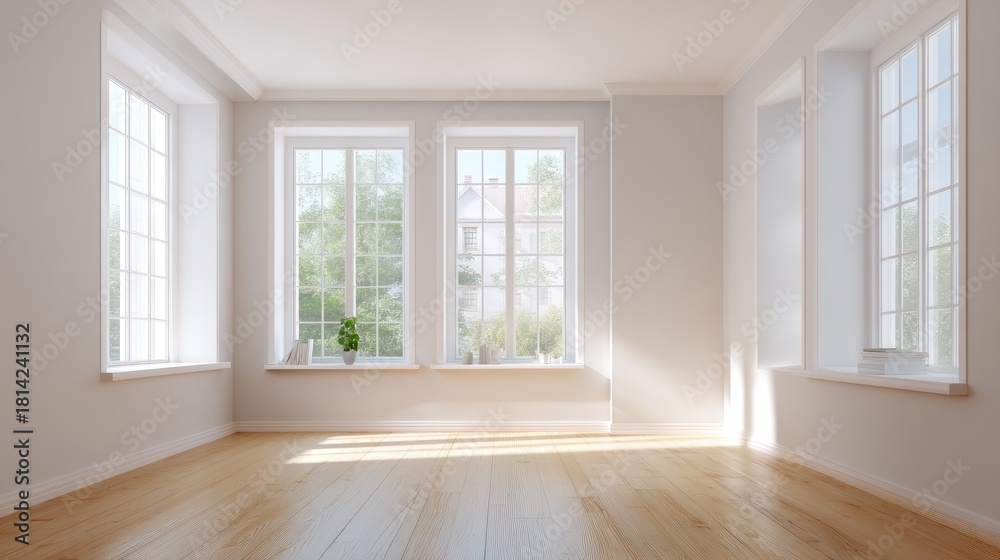 Obraz premium Bright and Spacious Empty Room with Large Windows Showcasing Natural Light and Greenery for Minimalist Interior Design Inspiration