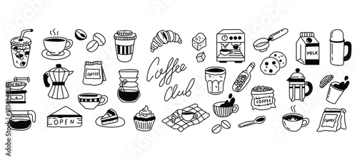 Coffee hand drawn doodle sketch set vector illustration. Morning breakfast, milk, dessert, croissant, machine, menu icons collection.