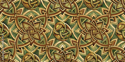 Intricate swirling patterns highlight a green and gold design, evoking a sense of harmony and elegance.
