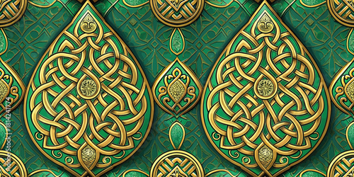Intricate golden Celtic patterns on a rich green background, showcasing traditional craftsmanship.