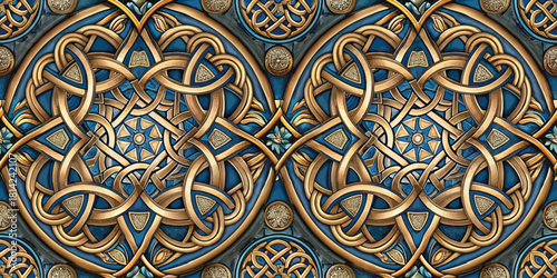 Intricate golden-blue celtic knot pattern with interwoven designs and textures.