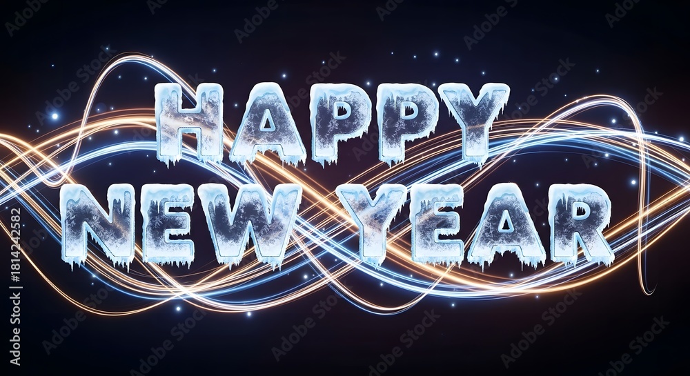 Obraz premium Happy new year message with icy letters and glowing light streaks design