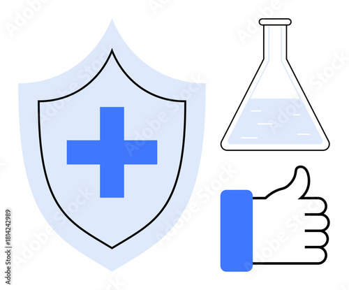 Healthcare concept. A shield with a medical cross, a lab flask, and a thumbs up symbol healthcare protection. Healthcare innovation, trust, and safety d. Suitable for medical research, patient